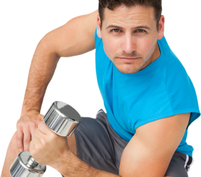 Portrait of a fit young man exercising with dumbbell