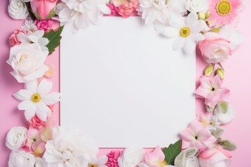 Spring themed frame concept template with spring flowers and space for text input. Flat lay. Generative AI.