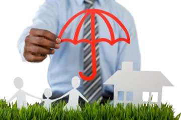 Keuken spatwand met foto insurer protecting family by a red umbrella © vectorfusionart