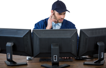 Security officer listening to earpiece while using computer at desk