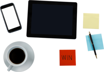 Digital tablet, mobile phone, coffee cup, pen and sticky note