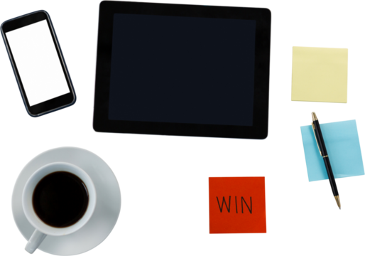 Digital tablet, mobile phone, coffee cup, pen and sticky note - Powered by Adobe
