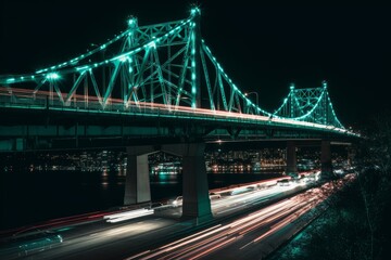 Fototapeta na wymiar Long exposure night view of cars driving on a neon bridge. Ai generated.