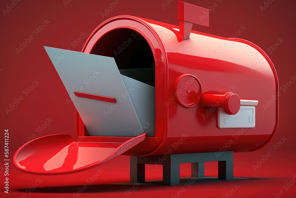 Poster mailbox with envelope on red background. 3d render illustration