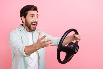 Photo of unexpected crazy angry excited guy hold steering wheel conflict another drivers no license...