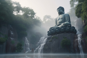 Photo a statue of buddha sits on a mountain top with clouds in the background.