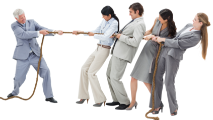 Boss pulling a rope against his employees