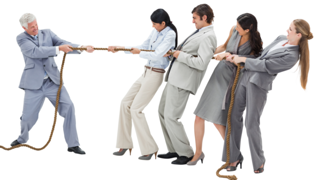 Boss pulling a rope against his employees