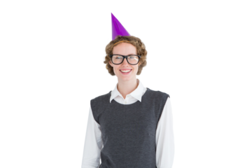 Geeky hipster wearing a party hat