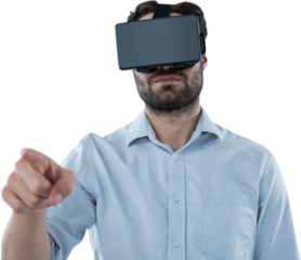 Man pointing while using black oculus rift headset