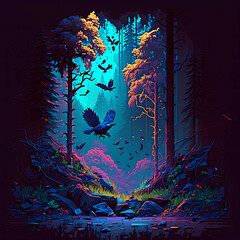 Obraz na płótnie Canvas Pixel art magical forest. Created with Generative AI technology. 