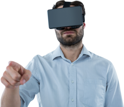 Man pointing while using black oculus rift headset