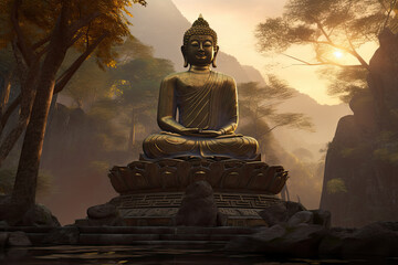 Photo a statue of buddha sits on a mountain top with clouds in the background. - obrazy, fototapety, plakaty