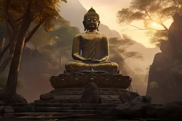 Fototapeten Photo a statue of buddha sits on a mountain top with clouds in the background. © Larva Head
