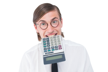 Geeky smiling businessman biting calculator 
