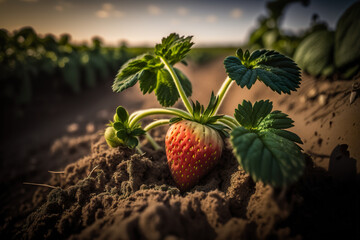 Strawberry with green leaves growing in agricultural field outdoor. Organic strawberry fruit in organic field garden. 3D realistic illustration. Creative AI