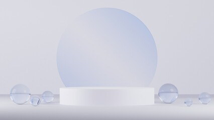 white mockup podium or pedestal with bubble glass, empty platform for product showcase, 3d rendering
