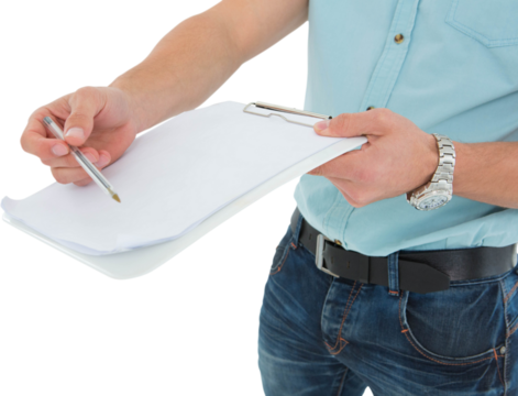 Delivery man with clipboard asking for signature