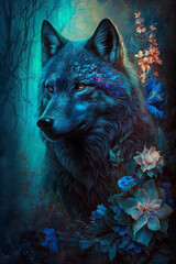 Wolf in the forest - Mistery Mystic blue wolf art flowers oil painting style . Printable aspect ration 2:3 - 30x20in, generative AI
