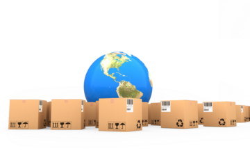 Globe and cardboard boxes against white background