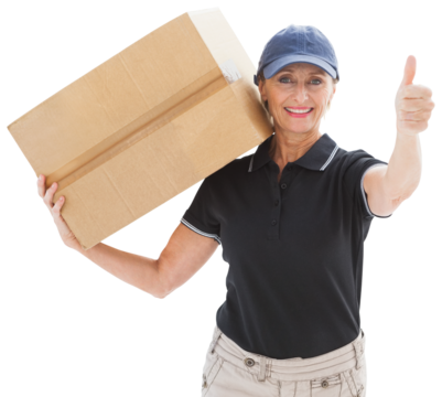 Happy delivery woman holding cardboard box - Powered by Adobe