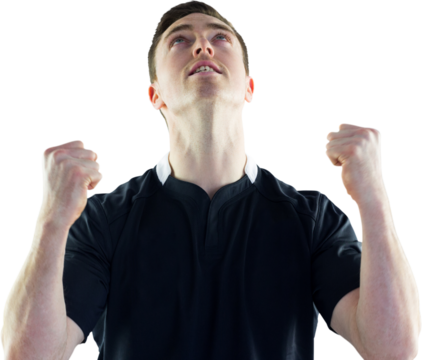 Excited rugby player gesturing victory