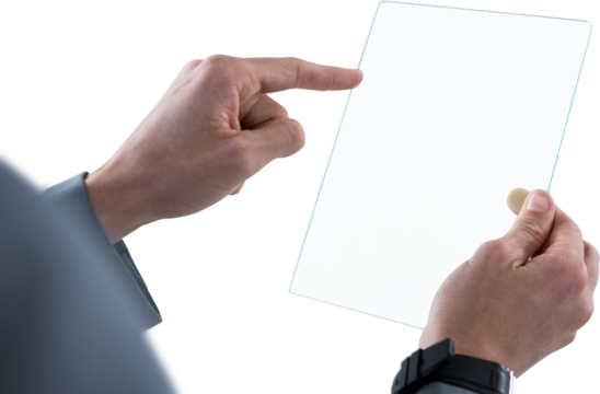 Cropped hands of businessman touching glass sheet