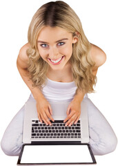 Young woman using laptop against white background