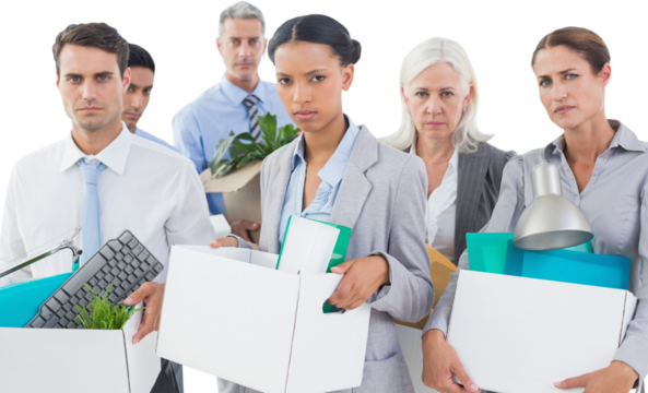 Unhappy fired business people holding box 