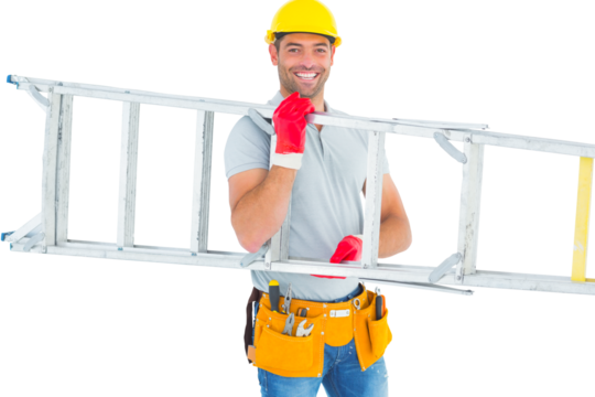 Smiling male workman carrying ladder - Powered by Adobe