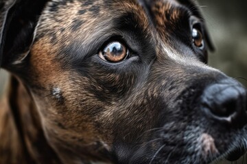 Dog with brown eyes and a brindle coat scans the sky. lovely puppy eyes. Generative AI