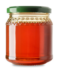 Glass jar of honey, chestnut honey, isolated 