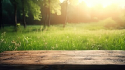 Wooden planks on green grass with a blurred background with space to place products Generative AI