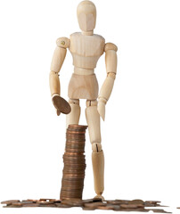 3d image of wooden figurine making coin stack while standing 