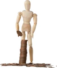 Schilderijen op glas 3d image of wooden figurine making coin stack while standing  © vectorfusionart