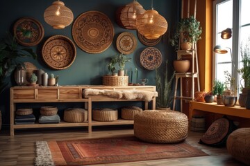 The ethnic living room with wicker baskets, wooden seat, and attractive personal decorations. Cozy flat. Template. Generative AI
