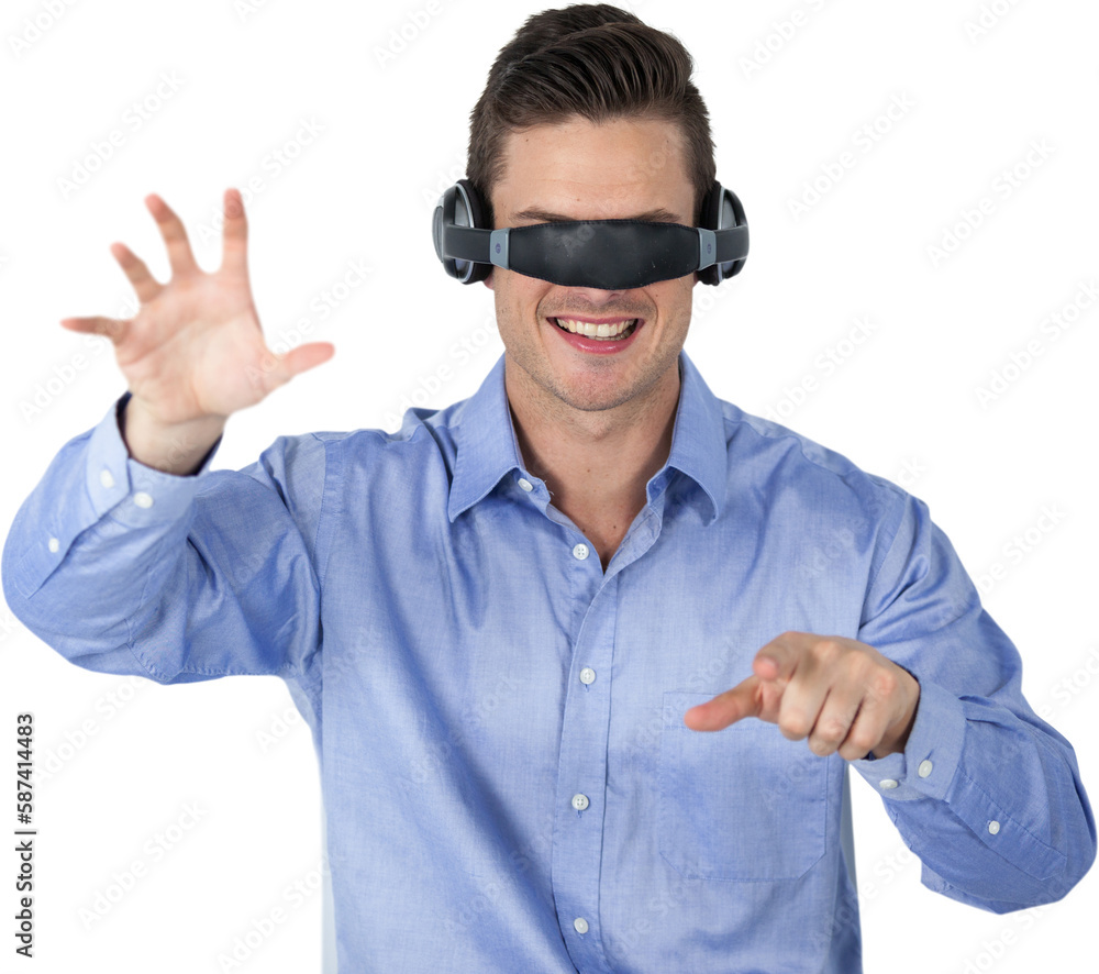 Poster man gesturing while using virtual video glasses against white background