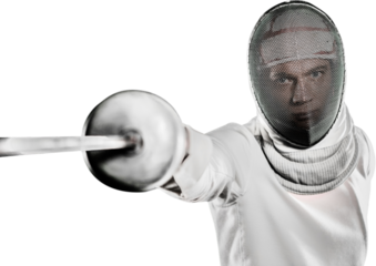 Man wearing fencing suit practicing with sword