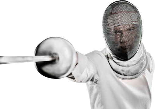 Man wearing fencing suit practicing with sword