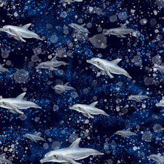 Hand drawn graphic dolphins. Flying dolphins seamless pattern. Dolphin under the sea abstract background. Splashes, ink stain, paint texture.
