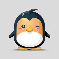 Cartoon penguin with a funny expression on its face. The penguin is standing on two legs and has a black beak