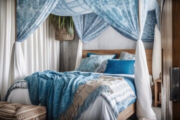White and blue canopy bed bedroom closeup. Natural wallpaper, blankets, duvet, and pillows. Bohemian rattan and wood. Boho decor,. Generative AI