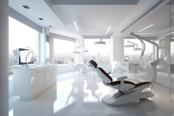 Modern dentist's office with chair. Super photo realistic background, generative ai illustration