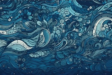 ocean waves and bubbles on a blue background. Generative AI