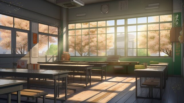 High quality 2D anime classroom background, spring vibe, Generative AI