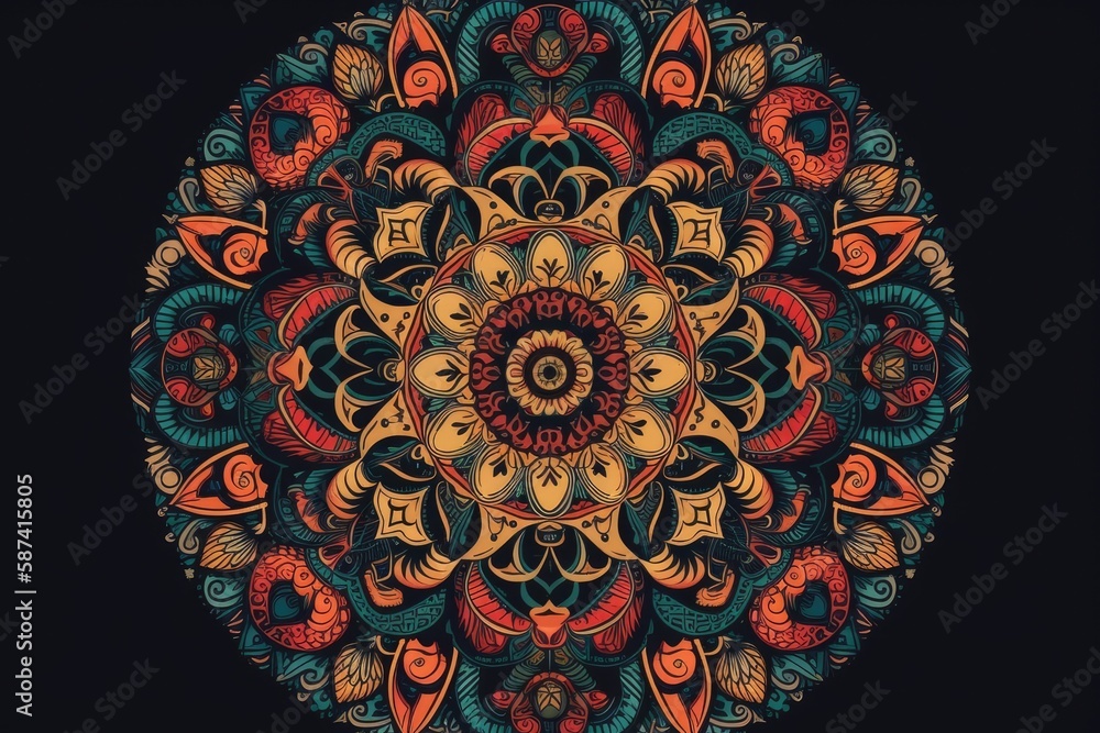 Poster vibrant circular pattern on a dark background. generative ai