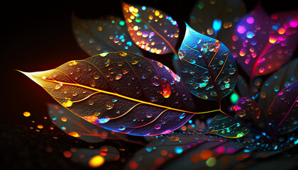 Shining rainbow leaves with water drops on black background. Generative AI