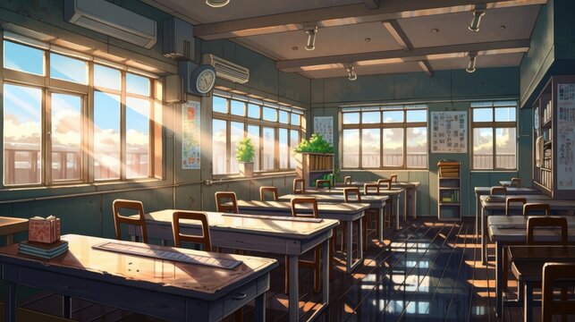 High quality 2D anime classroom background, summer vibe, Generative AI