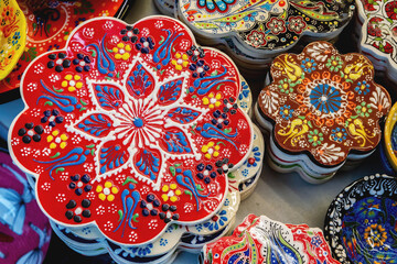 Turkish ceramics kickstands. Colorful traditional souvenir from Turkey. Street shop in Istanbul,...