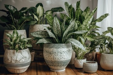 Obraz premium Tropical houseplants in floor pots. Generative AI